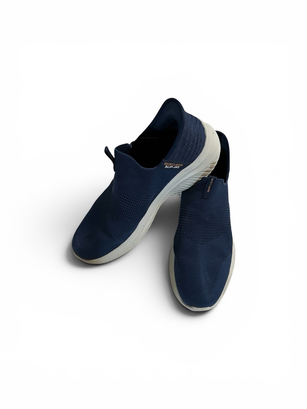 Skechers Men's Slip-On Knit Sneakers in Navy and White